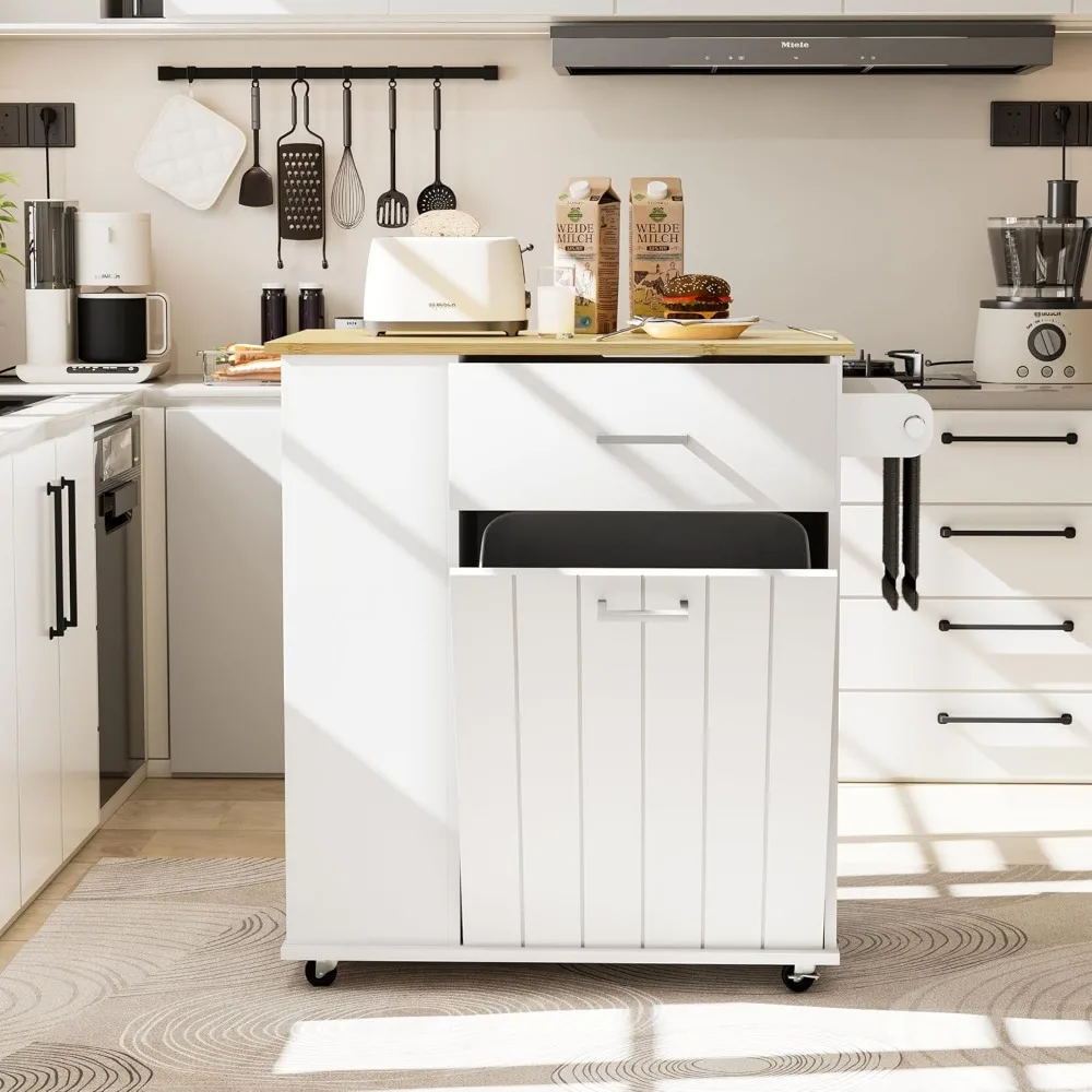 جزيرة المطبخ المتداول مع تخزين سلة المهملات، جزيرة المطبخ المحمولة على عجلات مع رف المناشف ورف التوابل، كاليفورنيا القابلة للإمالة