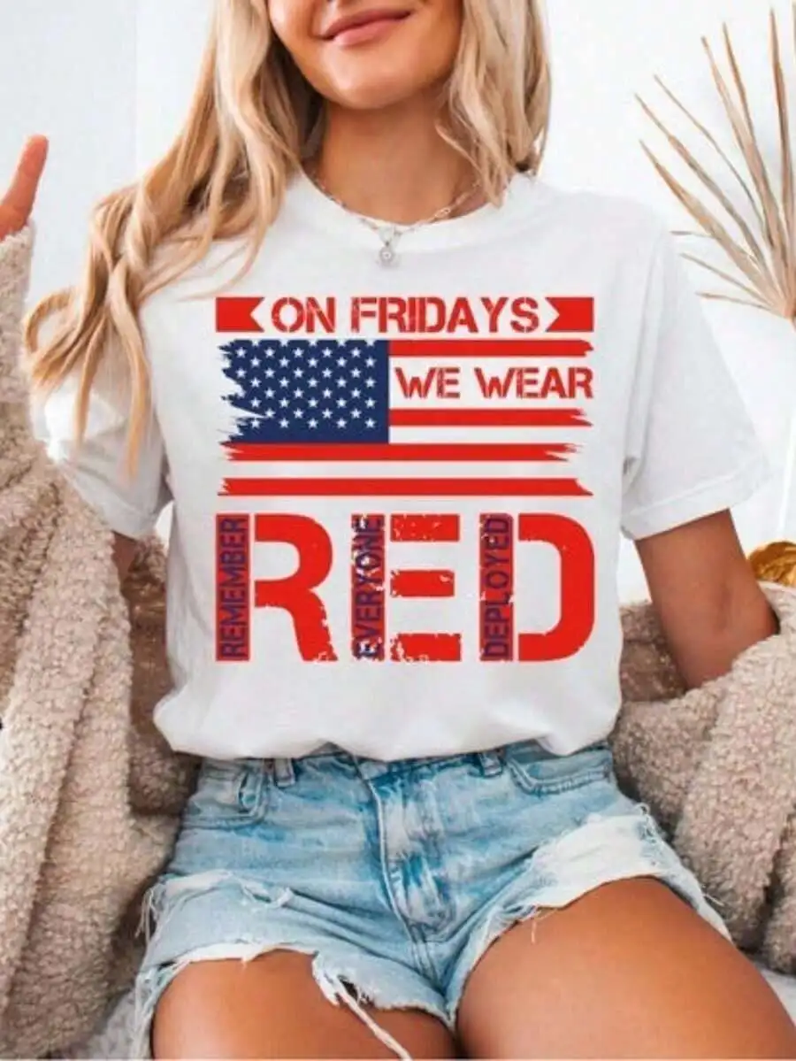 

Red White Blue American Flag Tee For Veterans Remembrance Friday Casual T-Shirt