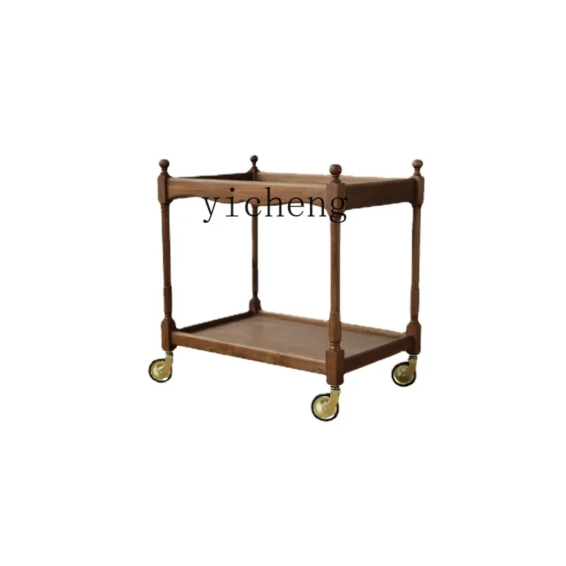 

YY Trolley Black Walnut Solid Wood Movable Sofa Side Table with Wheels Corner Table