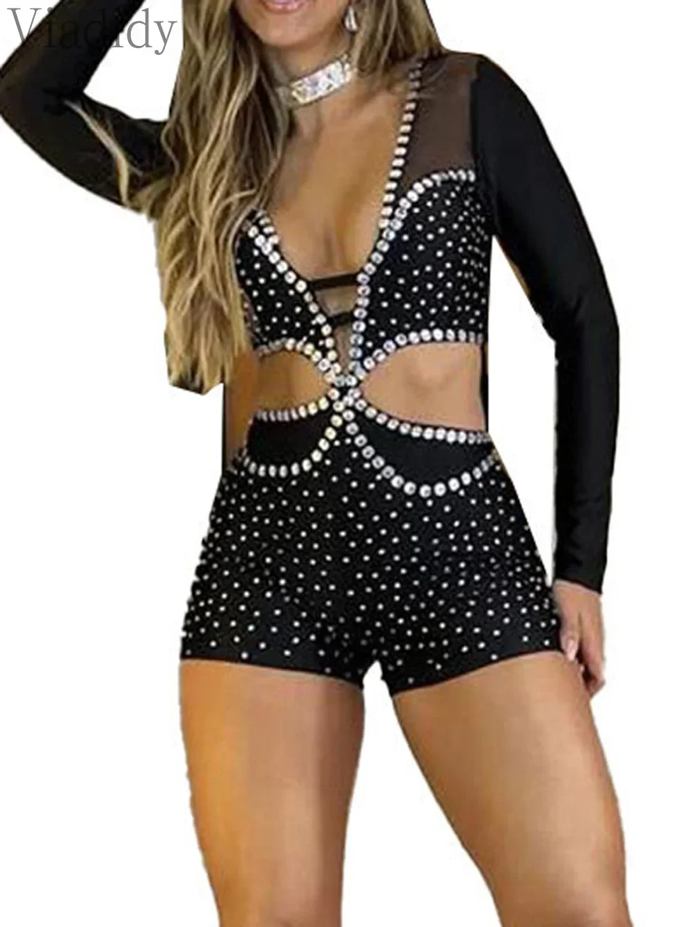 Sexy Solid Color Sheer Mesh Rhinestone Decor Deep V Neck Hollow Out Long Sleeve Skinny Playsuits