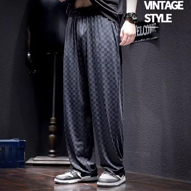 市松模様プリントパンツ男性ストレートルーズ大きいサイズ夏のアイスシルクパンツワイドレッグ巾着ストレッチスポーツズボン