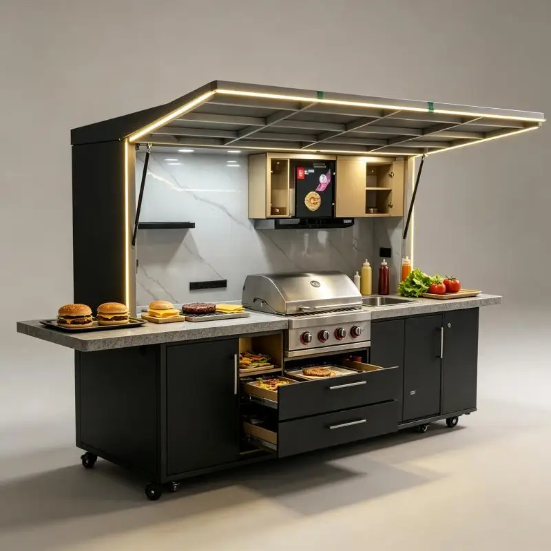 Outdoor Kitchen Modular Cabinet System With BBQ Grill Prep Counter Weather Resistant For Patio Outdoor Gathering