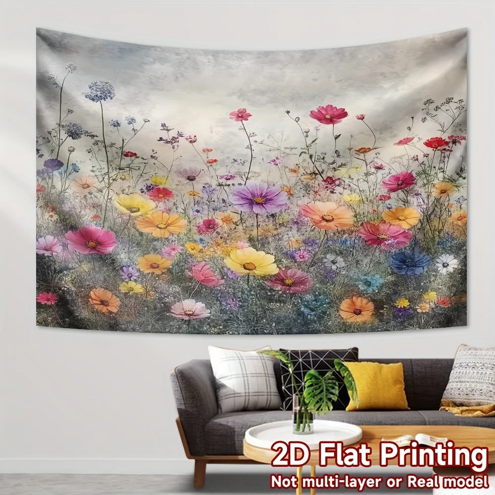 Boho Floral Tapestry Flower Field Wall Hanging Watercolor Spring Meadow Decor Backdrop for Wedding Party Birthday Photo Studio E