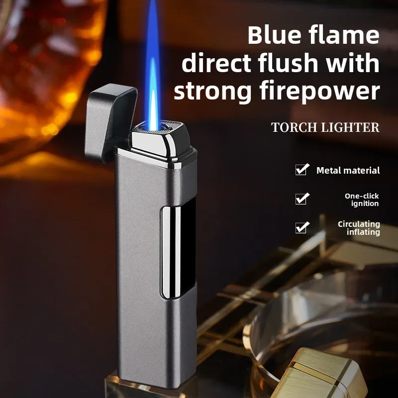 Windproof Direct Jet Blue Flame Gas Lighter, One-touch Press Ignition Metal Material, Men's Portable Cigarette Lighter