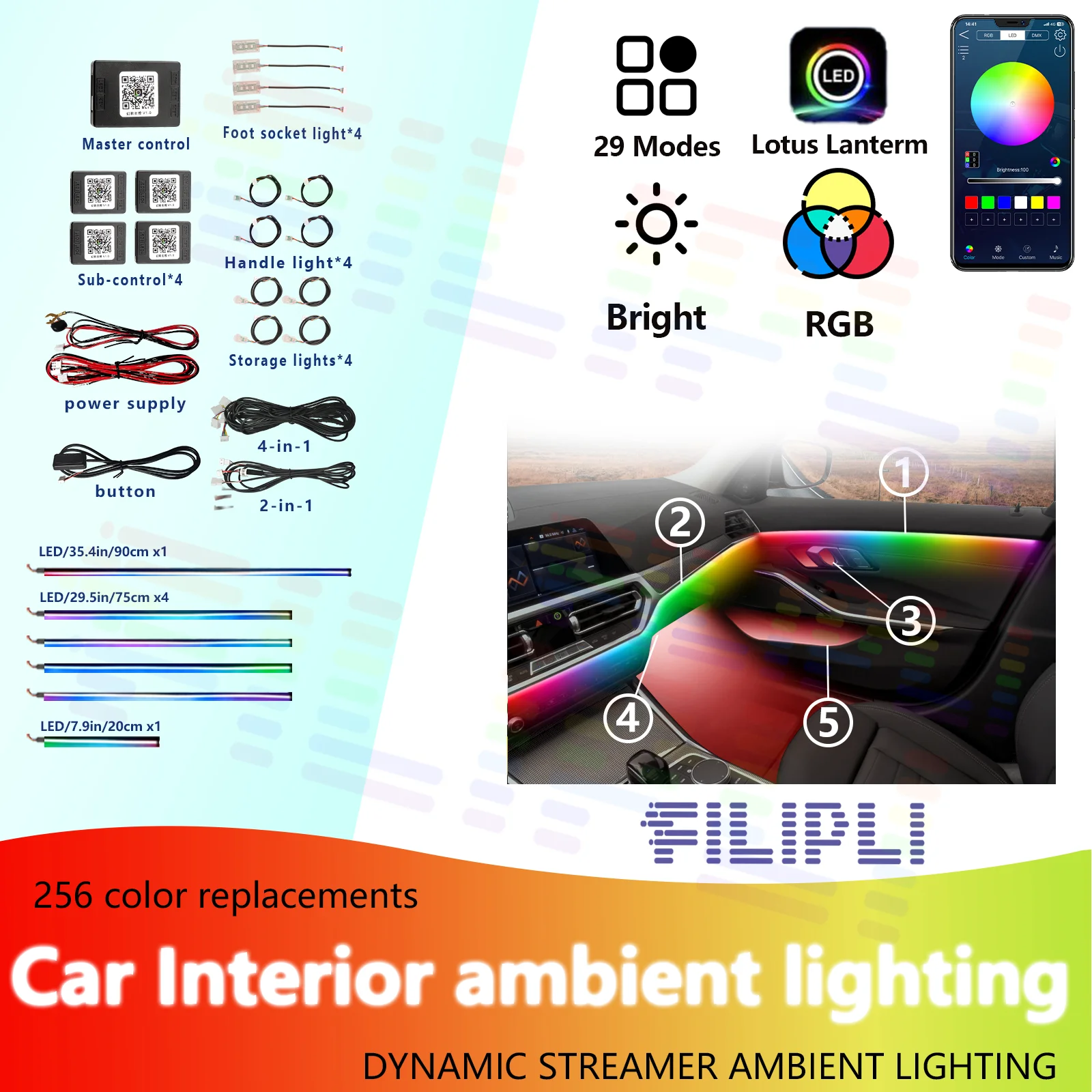 

FILIPLI Multi Color Car Acrylic LED Strip RGB Night Driving Ambient Light By App Control Easy To Install