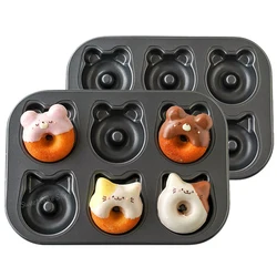 6-Cavity Cute Carbon Steel Cat & Bear-Shaped Donut Mold, Non-Stick Doughnut Cake Pan, for Home Baking, DIY Kitchen Accessories