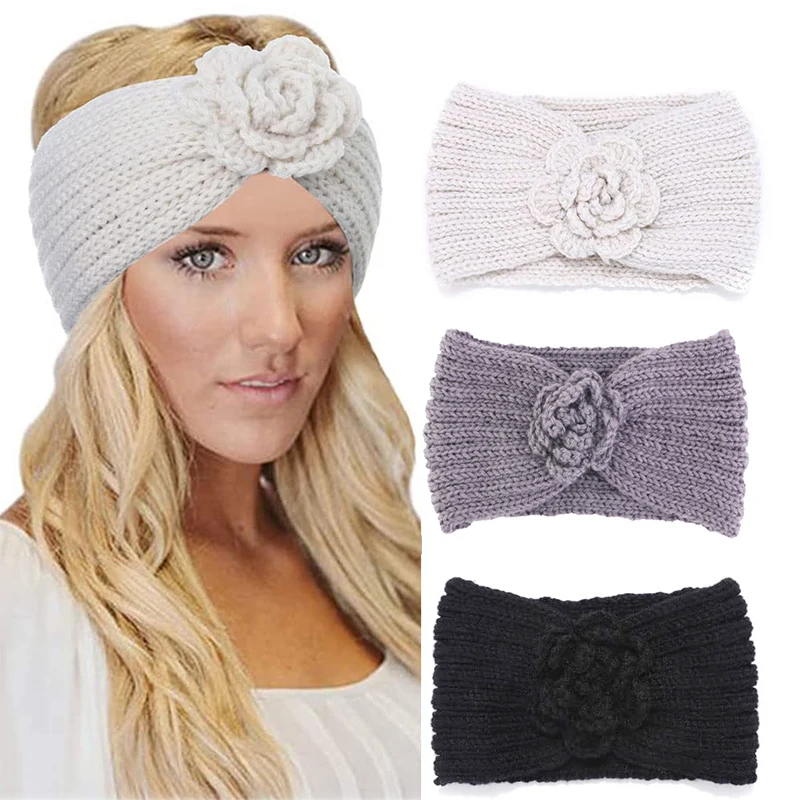 Women Flower Knitted Headbands Autumn Winter Crochet Head Wrap Wide Woolen Turban Bandana Ear Warmer Hair Accessories