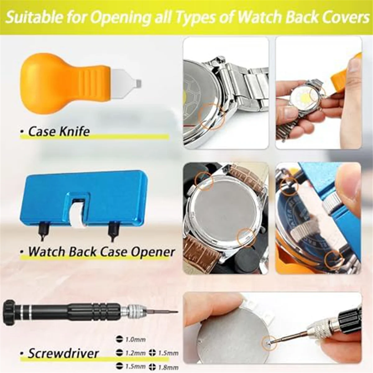 B66C Watch Repair Kit,Watch Press Tool Set, Watch Battery Replacement, Watch Back Remover Holder, Spring Bar, Tweezers