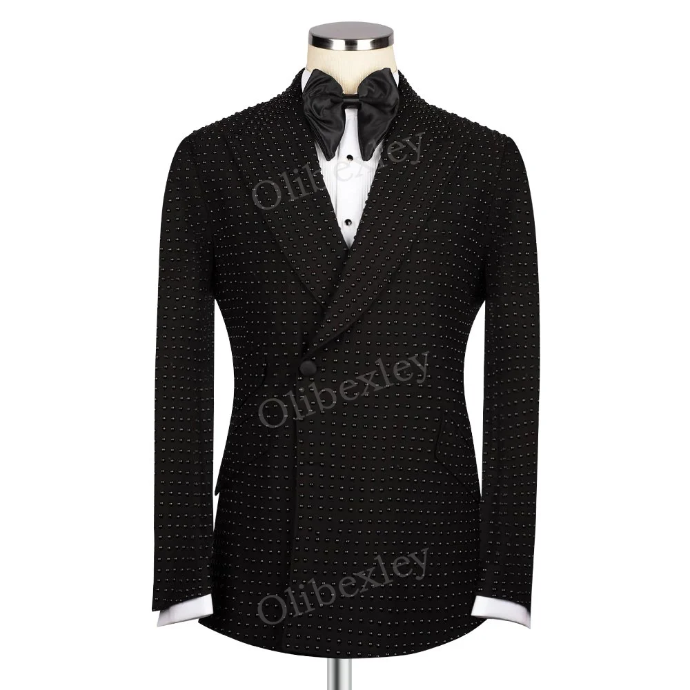 

Elegant Black Suits For Men 2 Pieces Beaded Crystals One Button Slim Fit High Quality Male Wedding Groom Business Prom Suit