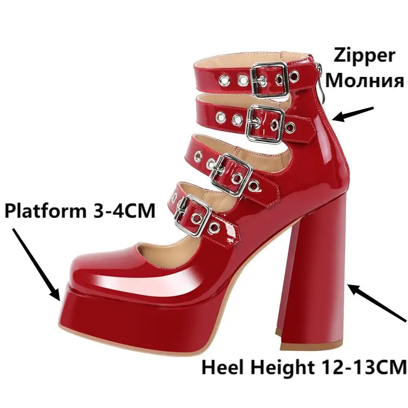 Onlymaker Women Red Gladiator Buckle Platform Pumps Block Heel Fashion Gothic Elegant Punk Shoes