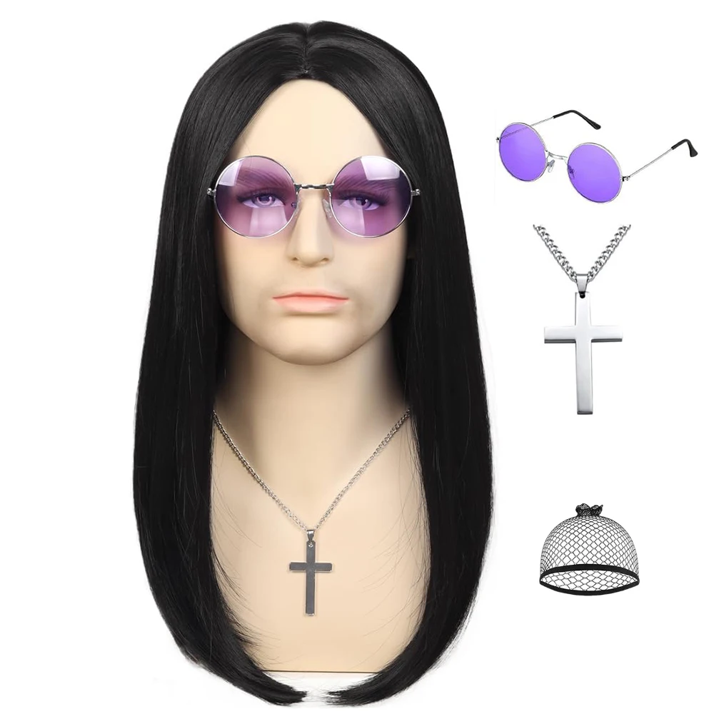 

Synthetic Long Black Straight 80s Rocker Wig for Men Center Parting Natural Hair Cross Necklace and Glasses Halloween Costume