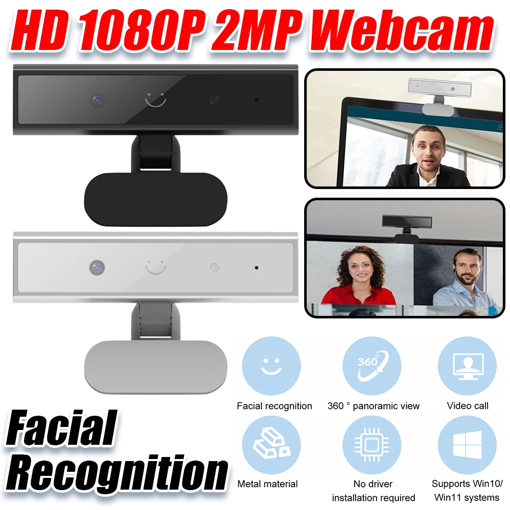 Facial Recognition Webcam with Single Microphone for Windows 10/11 USB Computer Webcam HD 1080P 2MP for Computer Laptop