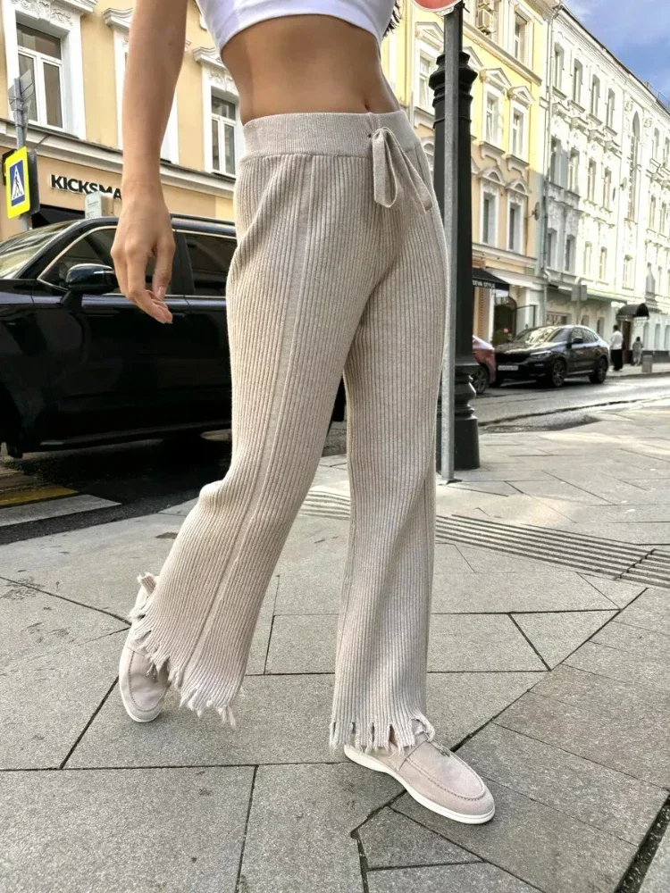 Hoge taille ruche rand gebreide wijde pijpen broek voor dames in de herfst nieuwe verticale pitstreep niche vloerlengte broek