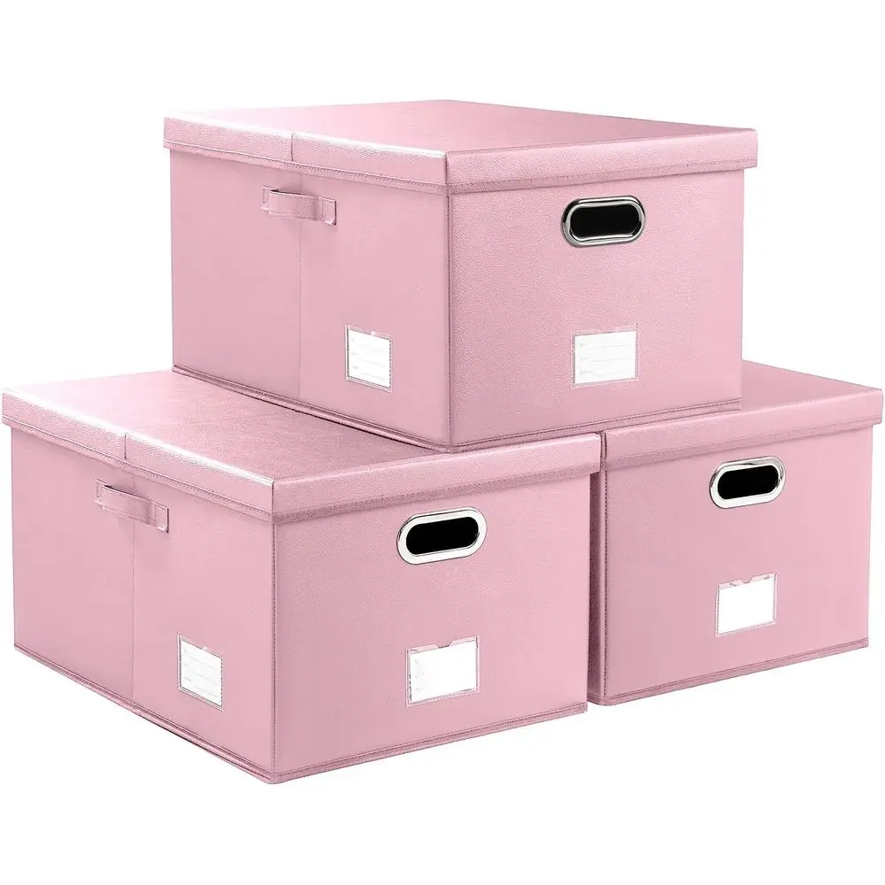 

Collapsible Storage Box with Lid [3-Pack] Leather Fabric Foldable Storage Bin Organizer Container Basket Cube with Cover for Hom