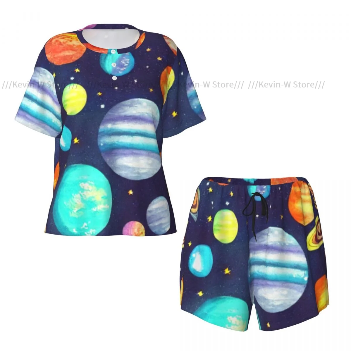 Pijamas femininos conjunto de homewear espaço planetas e estrelas de manga curta conjunto de duas peças menina pijamas loungewear pijamas