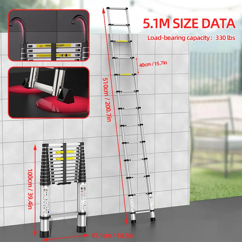 BRSTHECO 2,6/3,2/3,8/4,4/5,1/6,3 m telescopische roestvrijstalen ladders, lichtgewicht, capaciteit van 150 kg, kamerdecoratie