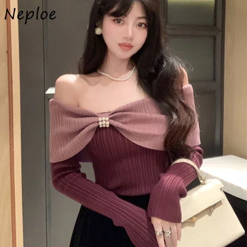 Neploe 2024 Autumn New Slim Fit Tee Shirt Vintage Sexy Off Shoulder Pearl Tops Women Y2k Long Sleeve Knitted T-shirts