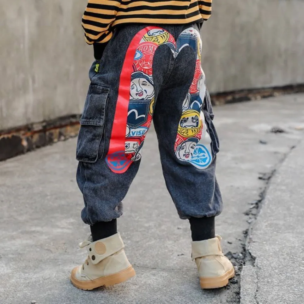 Pantaloni per ragazzi versione primavera e autunno Jeans stampati per ragazzi pantaloni per bambini per bambini abiti da lavoro larghi pantaloni