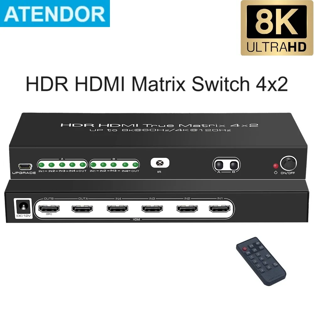 8K 60Hz HDMI-Compatible Swither 4 In 1 Out Splitter Matrix 4x2 Audio Extractor Dolby Vision ALLM VRR HDR10+ for PS5 XBOX HDTV