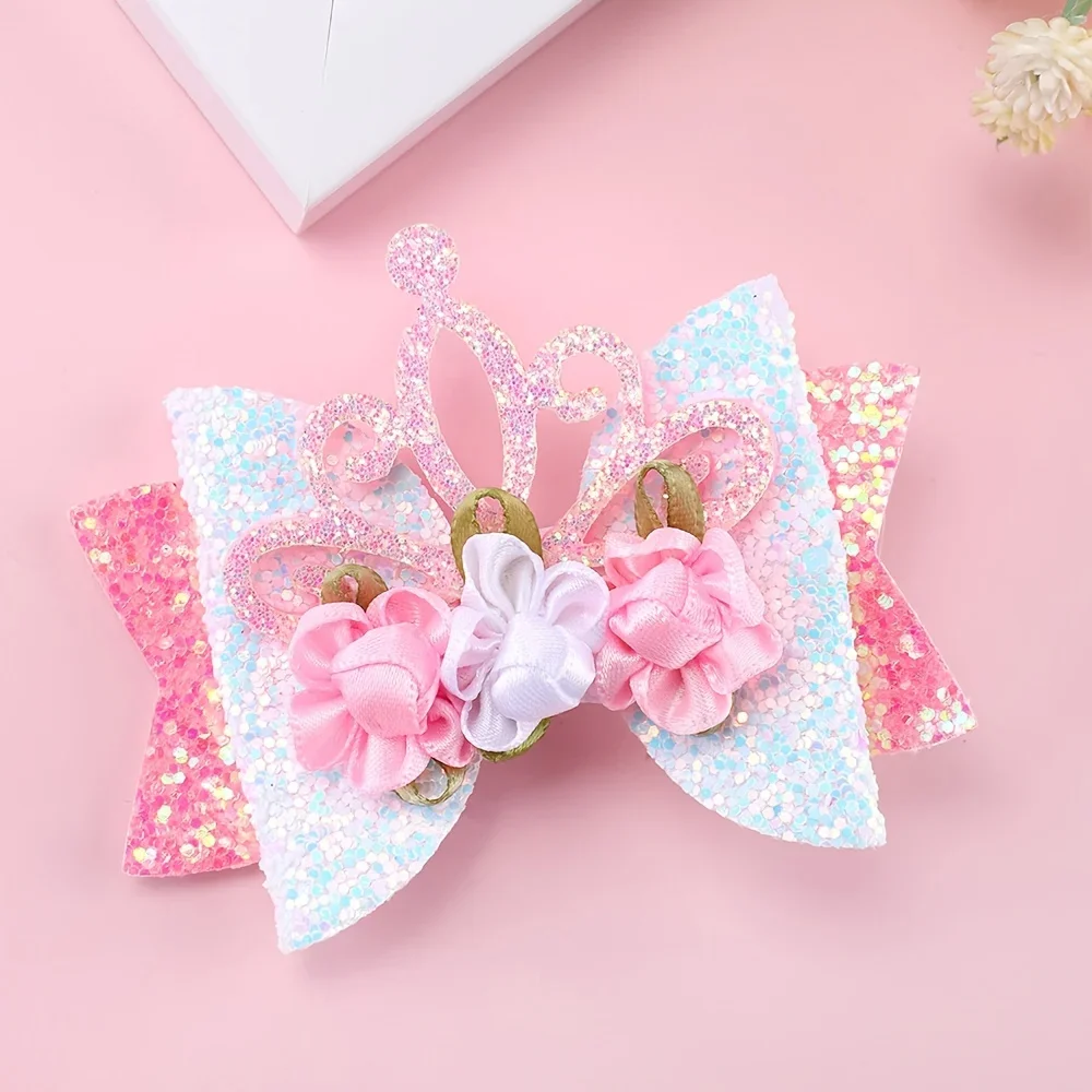 Oaoleer New Crown Hair  Bow Clip with Flower For Baby Girls Cute Glitter Bowknote Hairpin Barrettes Kids Headdress Accessories