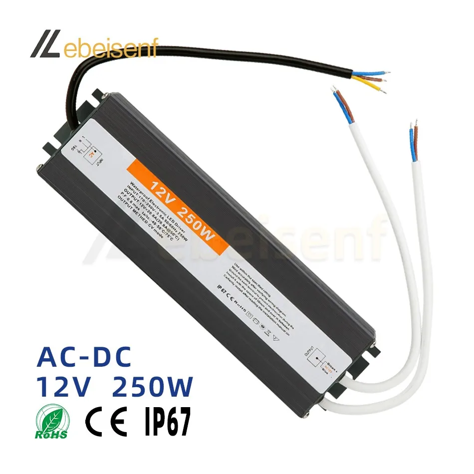 Waterproof Electronic LED Driven Lighting Transformer 170-250V AC to DC 12V 250W 20.8A Outdoor IP67 Aluminum Switch Power Supply