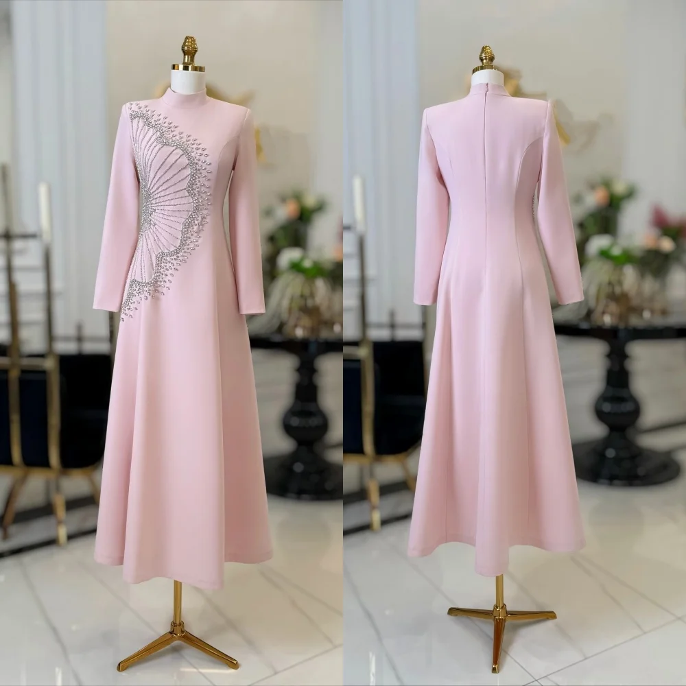 

Customized Jersey Rhinestone Pattern High Collar A-line Midi Dresses Bespoke Occasion Women's Evening High Quality Elegant Party