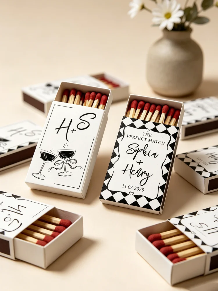 

Double-sided Printed Wedding Matchbox Black White Checkered Initials Personalized Keepsake Wedding Favors