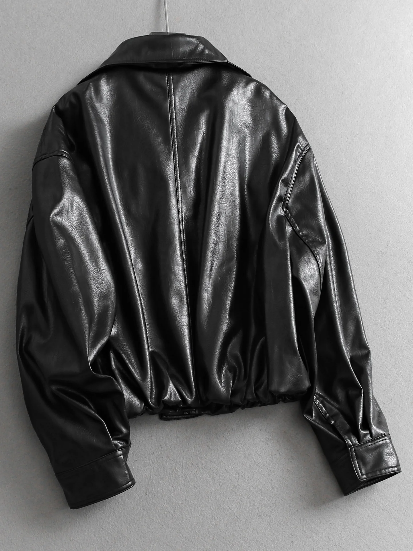 Retro  Color Stand Collar Elastic Hem Loose Motorcycle Jacket Long Sleeve Women's Faux Leather Coat Warm PU Synthetic Le...