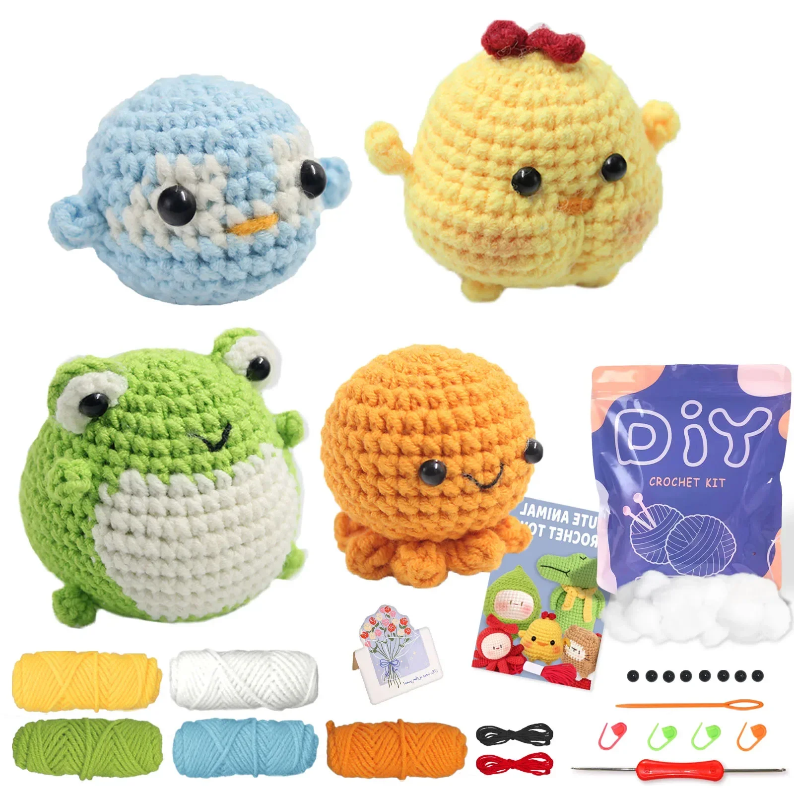 Kit de crochê para família de animais para iniciantes, kits iniciais de crochê, kit de crochê diy para iniciantes, kit de tricô de crochê passo a passo