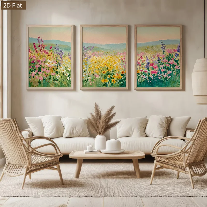 3PCS Frameless,2D Planar 3Pcs Watercolor Country-Style Canvas Poster Art Wall Painting Suitable for Bedroom, Dining Room, Home D