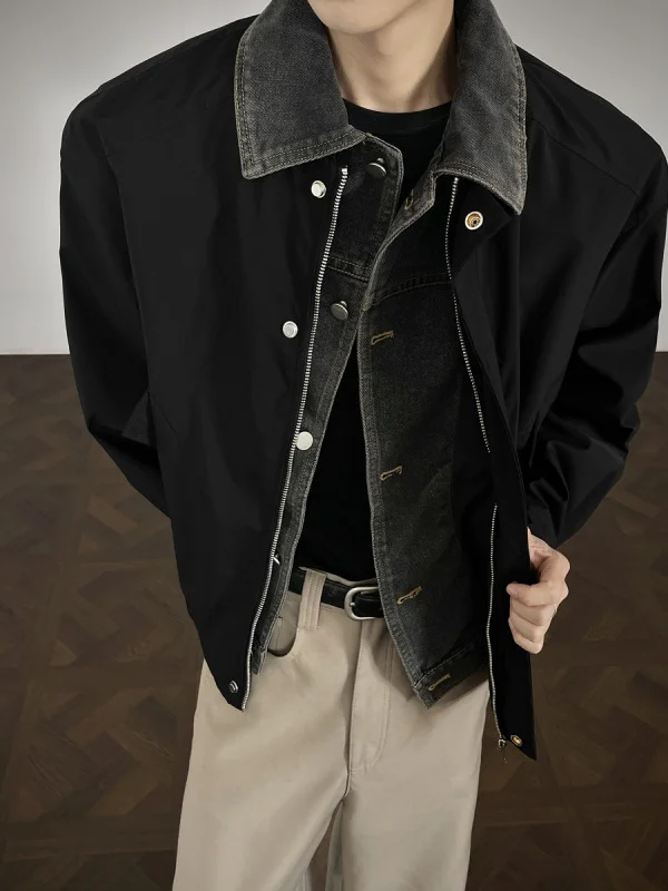 

Loose Casual Men's Jaet Fake Two-Piece Sli Korean Version Loose Fit Hip And Haome Casual Turn-down Collar Top Trendy