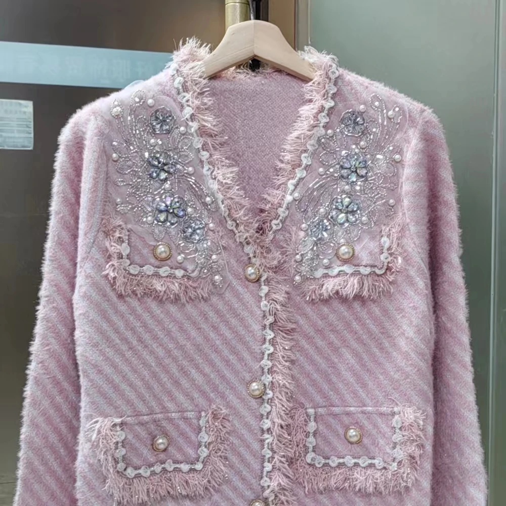 Cappotto cardigan in pelliccia sintetica con diamanti in cristallo stile lusso per donna Giacca lavorata a maglia con maglione caldo autunno inverno