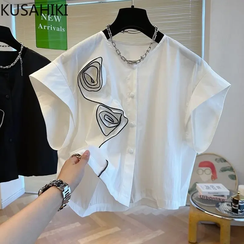 KUSAHIKI Chic Fashion 3D Flower Blouse Women Short Sleeve O-neck Shirt 2023  Summer Causal Korean Blusas Camisas De Mujer