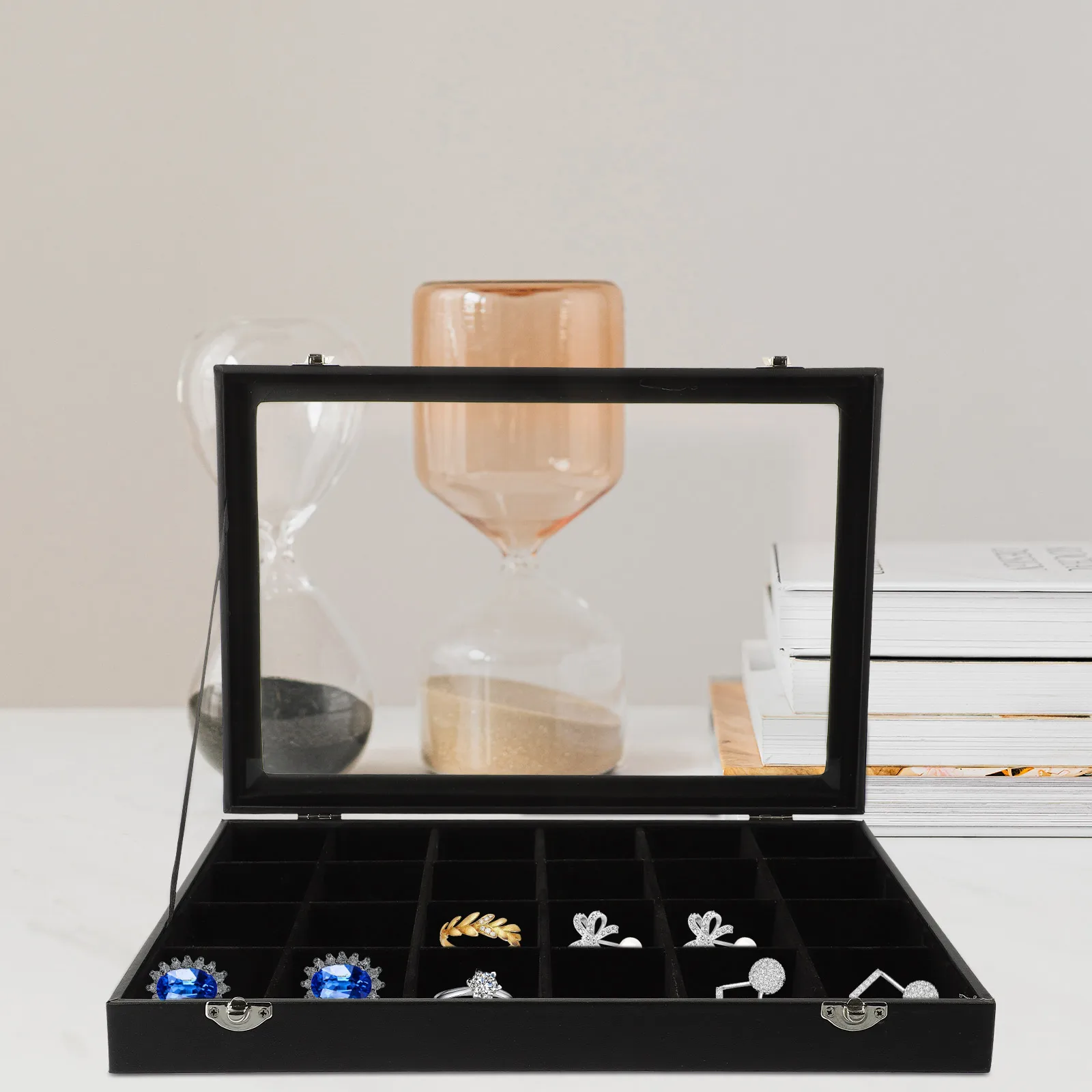 

Jewelry Display Case ganizer Box for Necklace Ring Earrings Storage Container Zinc Alloy Glass Lid Home Store Show