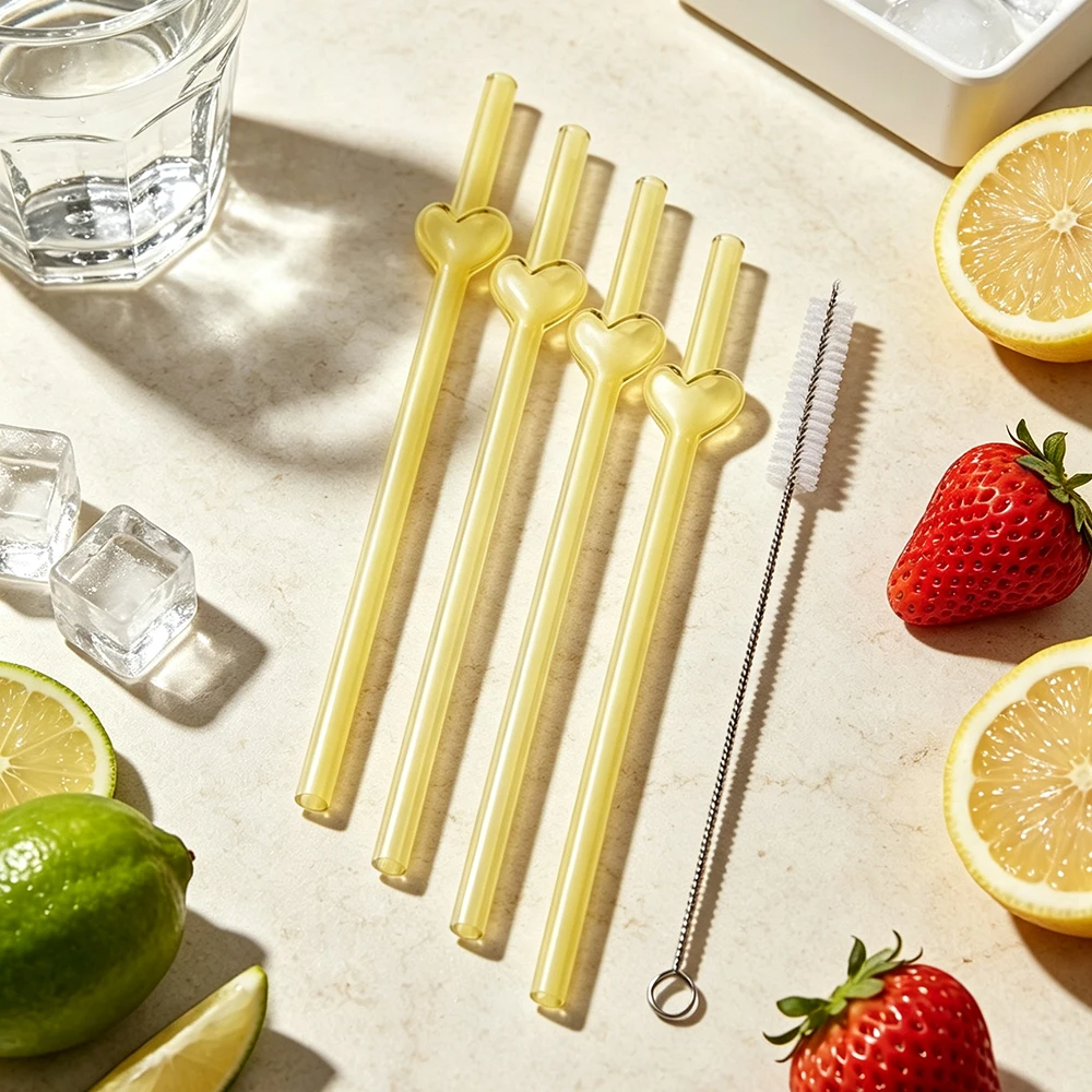 5Pcs High Borosilicate Glass Straws Set Heart Drinking Straw Set with Brush Milk Shake Coffee Cocktail Straw Bar Drinkware