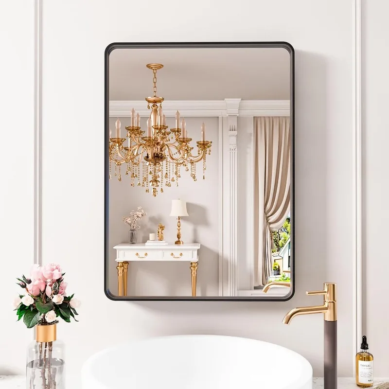 Black Bathroom Mirror, 22 x 30 Inch Wall Mounted Vanity Mirror with Rounded Corner Metal Framed, Tempered Glass, Anti-Rust