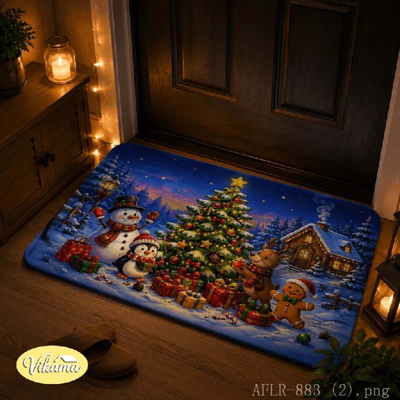 VIKAMA Snow & Tree Christmas Flannel Door Mat, Non-Slip Washable Xmas Area Rug for Entryway Front Door Living Room Kitchen