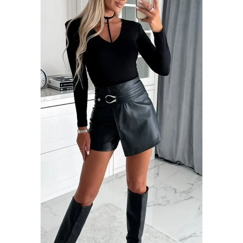 Summer Women's Solid Color Mid Waist Leather Short Casual Party Versatile Short Leather Fashion Pants Spliced Straight Leg Pants