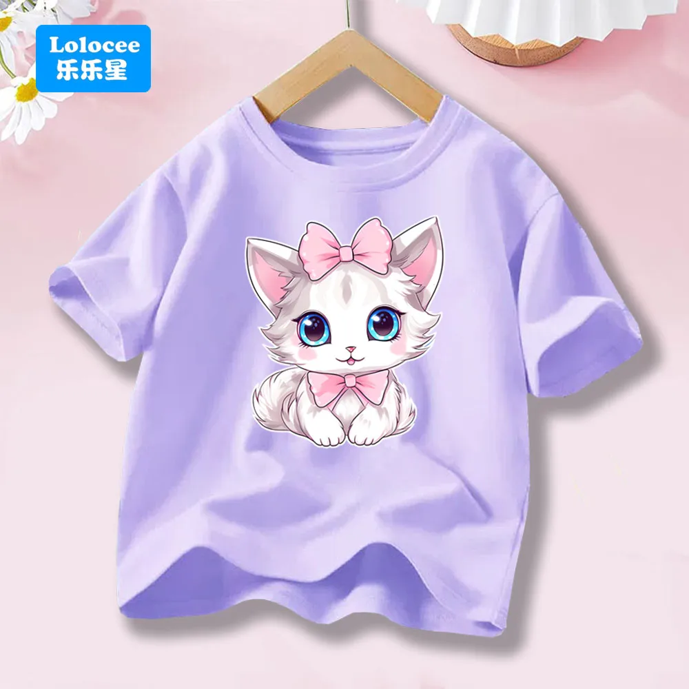 

Cute Cat with Bow Print Girls T Shirt Kids Summer Short Sleeve Cotton T-shirt Kawaii Top Tee for Baby Girl 3-14y MM1