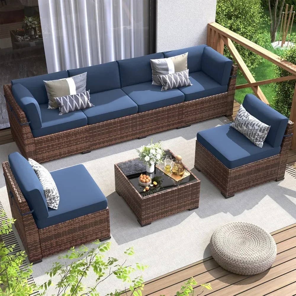 7 Pieces Outdoor Modular Conversation Set Wicker Sectional Sofa for All Weather Rattan Patio Couch for Porch Garden Backyard