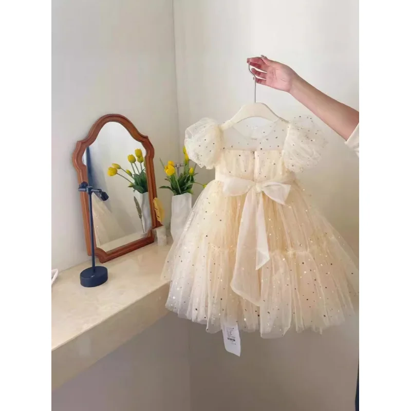 

Сетчатое платье принцессы на день рождения с пышными рукавами, новинка лета для девочек, корейский стиль, высокое качество