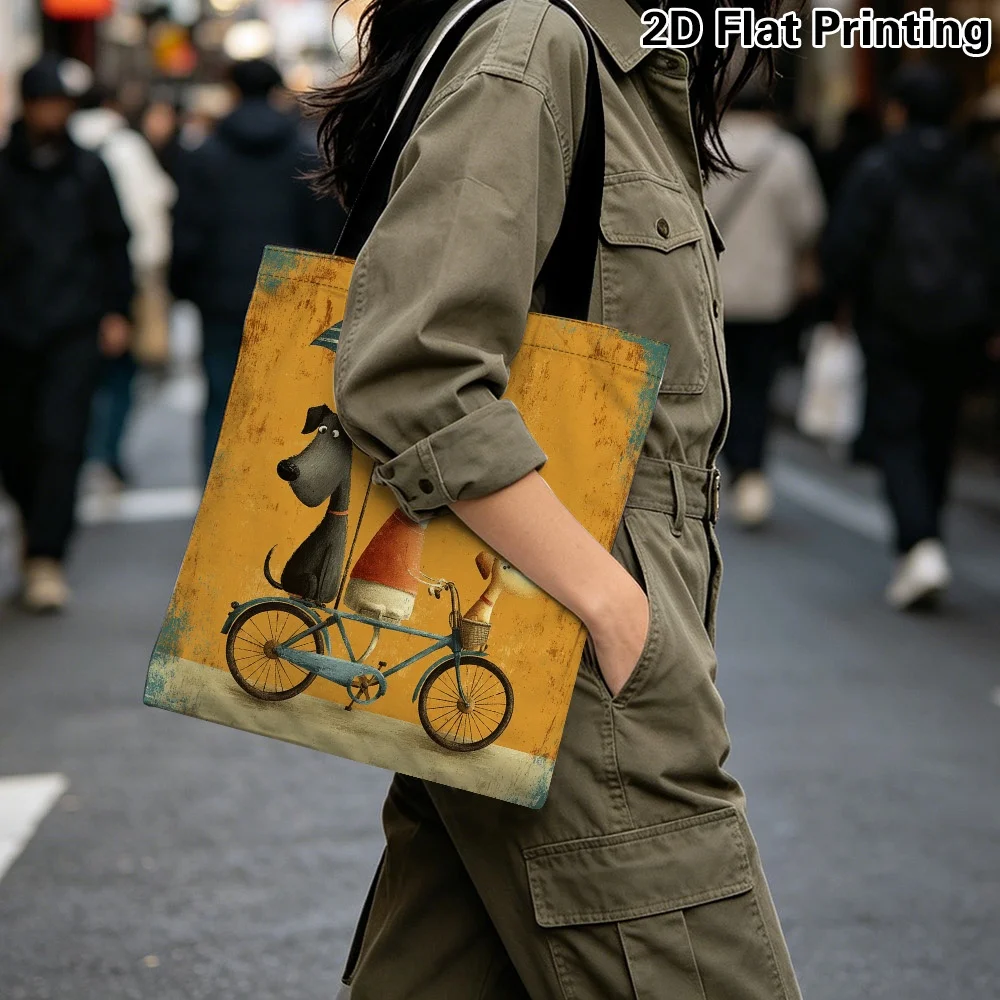 1pc 2D Printed Dogs Riding Bicycle Theme Tote Bag - Versatile Reusable Grocery Bags