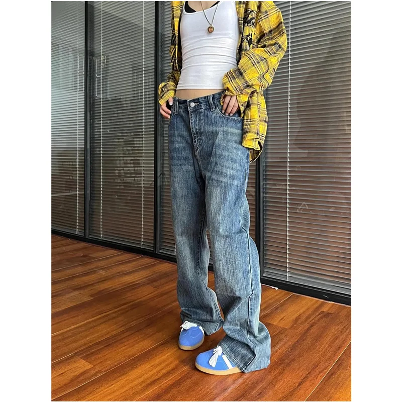 Jeans azul para mulheres, estilo americano, vintage dos anos 90, jean de cintura alta, calça reta, streetwear casual solta, calça jeans de perna larga, 2024