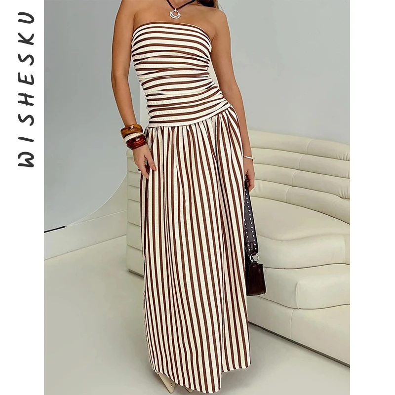 

Sexy Strapless Stripe Print Maxi Dress Women Off Shoulder Backless Casual Sundress 2025 Summer Harajuku Night Prom Y2K Clothes