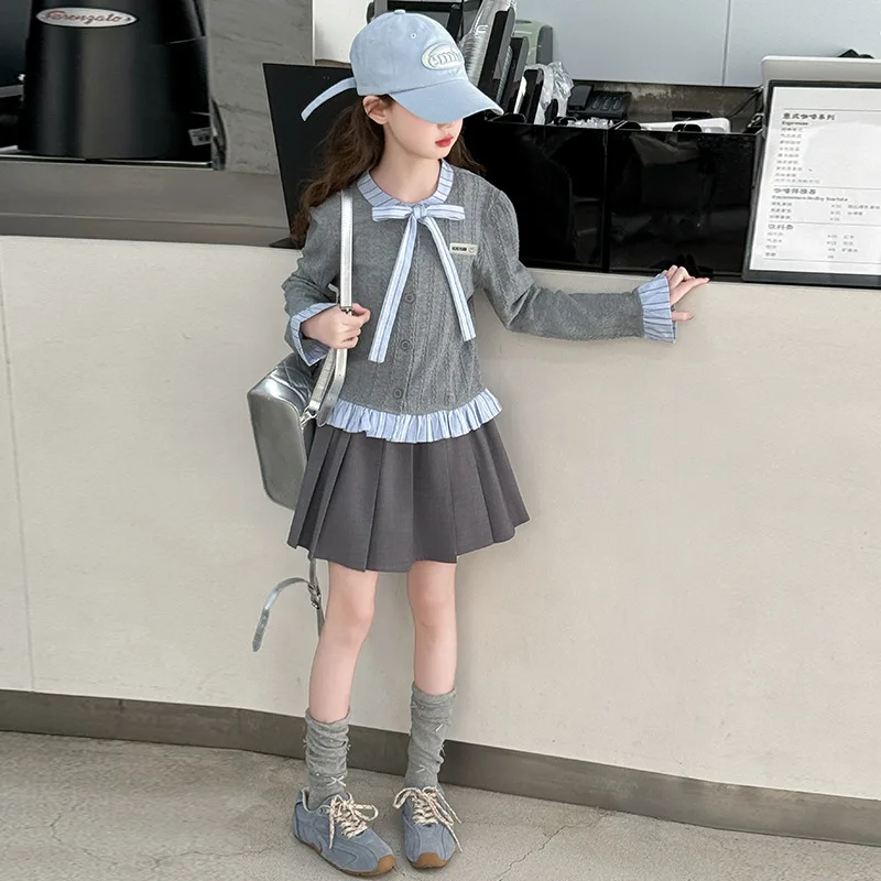 الفتيات مجموعة الربيع والخريف النمط الغربي فراشة عقدة الربط الدانتيل قميص تنورة قابلة للطي قطعتين مجموعة عصرية