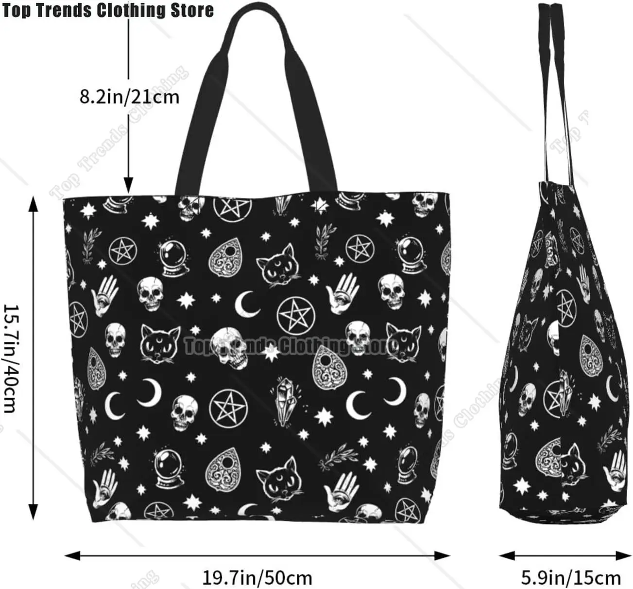 Black Witch Skull Moon Large Tote Bag for Women Waterproof Reusable Shoulder Bag for Beach Travel Work and Grocery Shopping