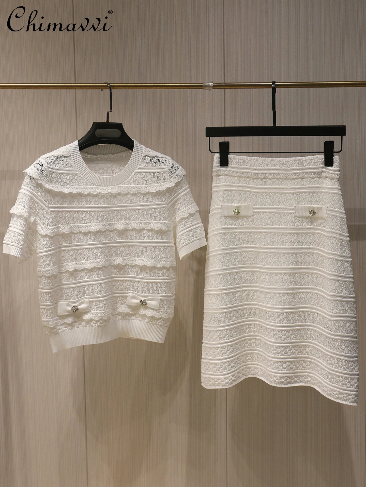 

Summer New High-end Fashion Hollow-out Round Neck Short Sleeve Knitted Top and A-line Skirt Women's Elegant Casual Two-piece Set
