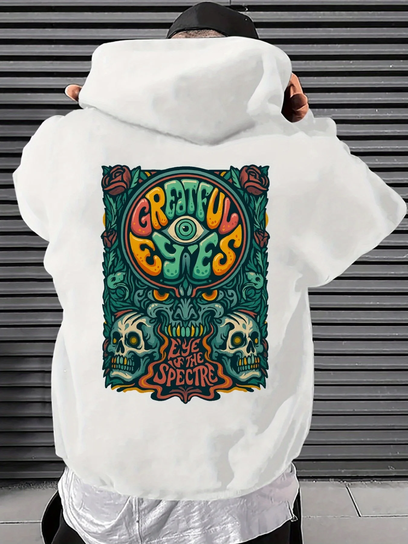 عيون ممتنة هوديي المتضخم مخدر الجمجمة الجرافيك البلوز خمر البلوز، أنماط مطبوعة الظهر، هوديس الرجال #1
