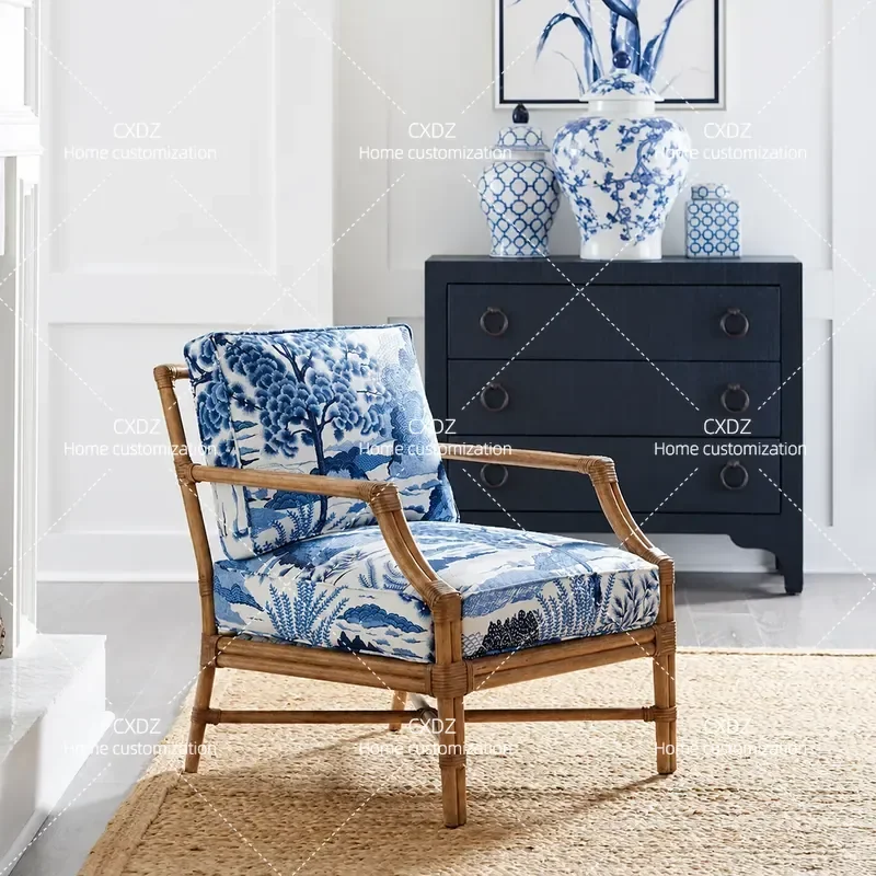 Simple Solid Wood Leisure Chair Blue White Porcelain Fabric Single Sofa Balcony Homestay