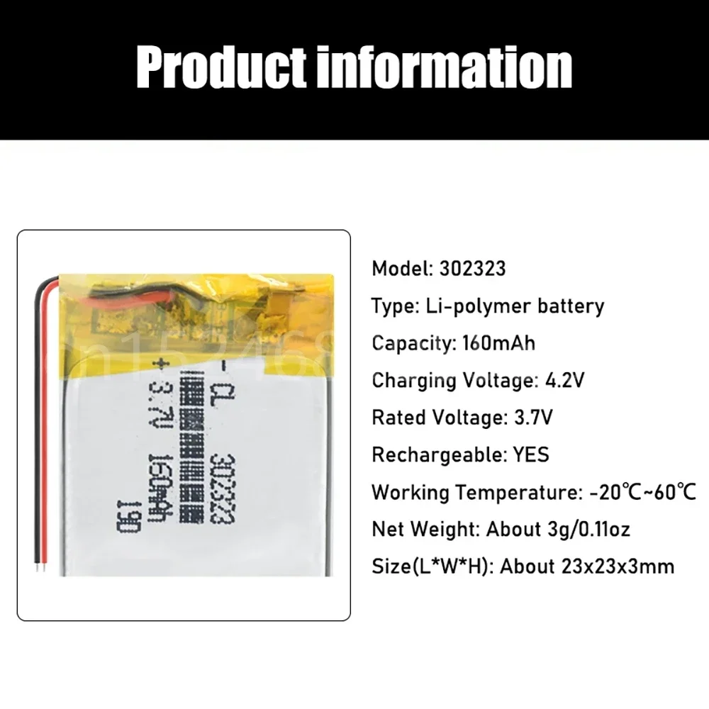 3.7V 160mAh 302323 032323   Baterías recargables Li-Po Li Ion de polímero de litio 302323   para MP3 MP4 Toys Batería de auriculares Bluetooth